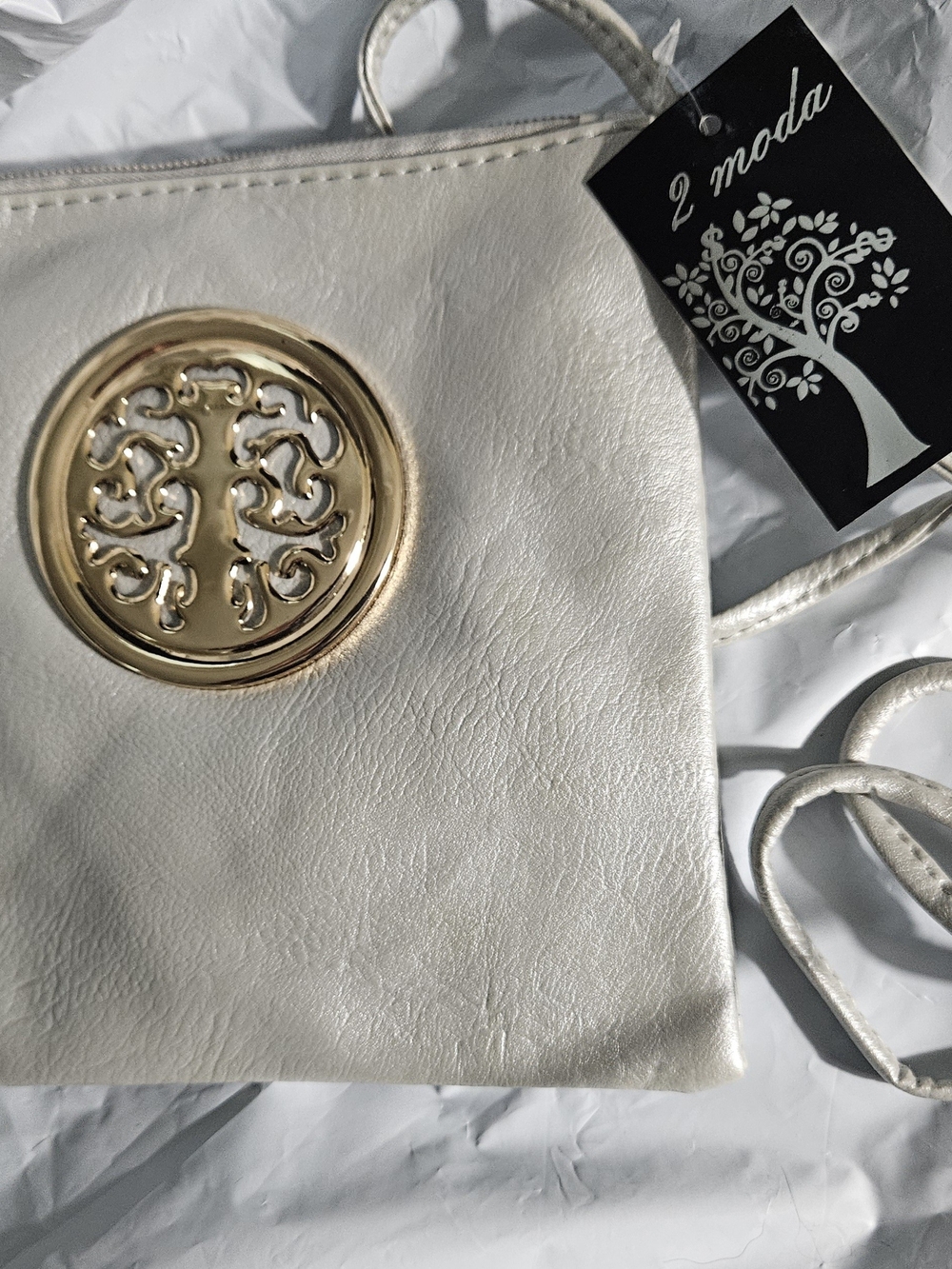 Moda Cream Crossbody Bag with Gold Medallion